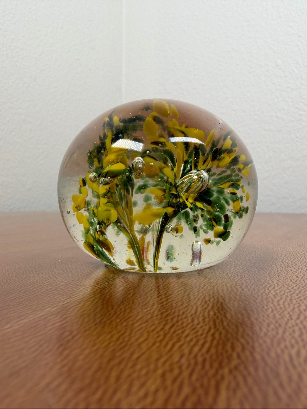 Vintage Paperweight Handblown Art Glass 2" Flowers Bubbles Round Yellow